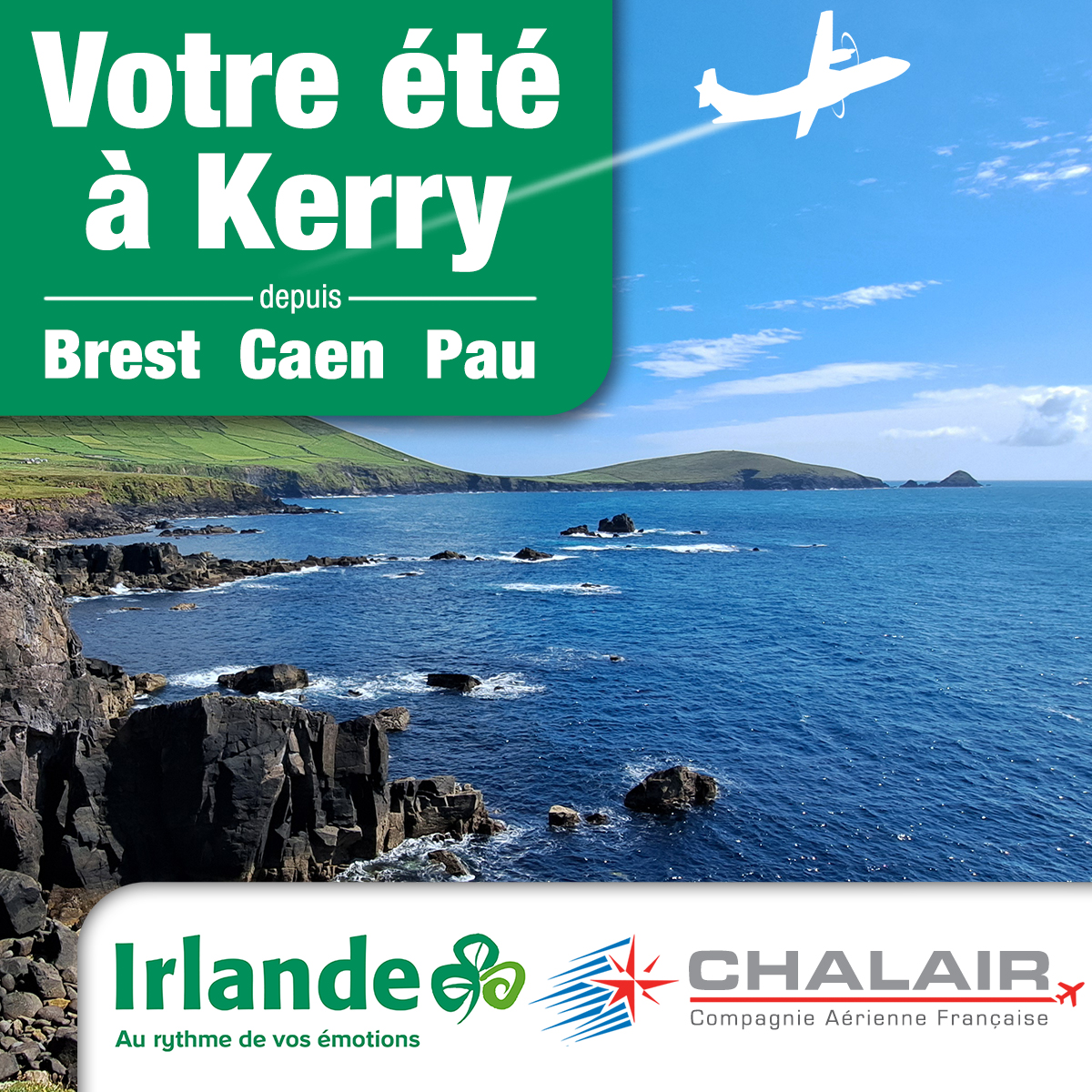 Réservez un vol depuis Brest en Bretagne, Pau dans les Pyrénées ou Caen-Carpiquet en Normandie à destination de Kerry en Irlande